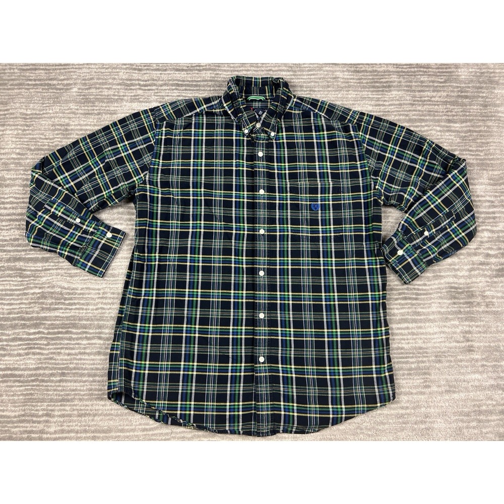 Chaps Button Down Shirt Mens Large Navy Green Yellow Plaid Long Sleeve Cotton